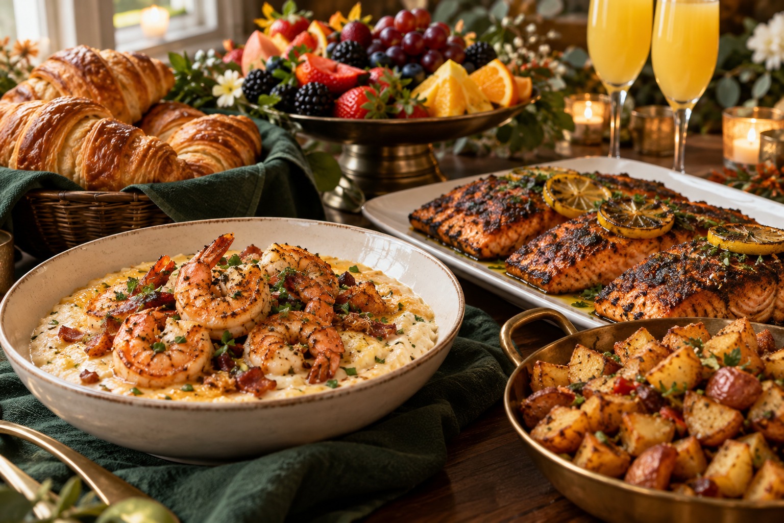 AI menu preview of shrimp and grits, blackened salmon, potatoes, croissants, fruit and mimosas