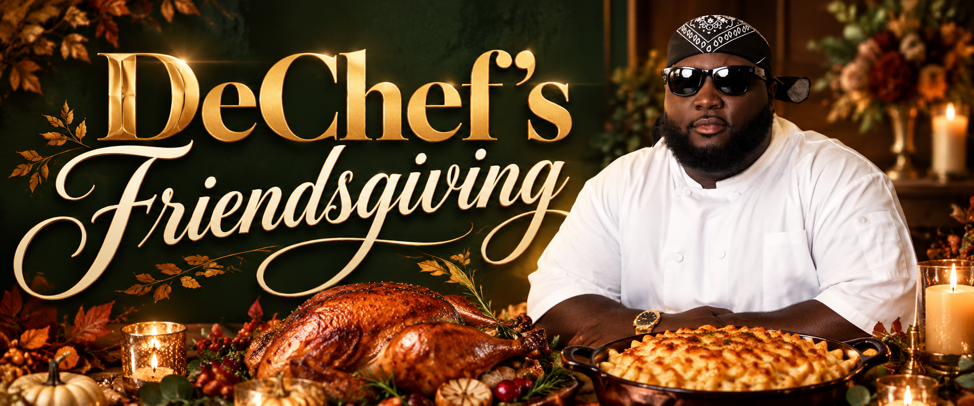 DeChef’s Friendsgiving with the chef’s portrait, gold lettering and a Friendsgiving feast
