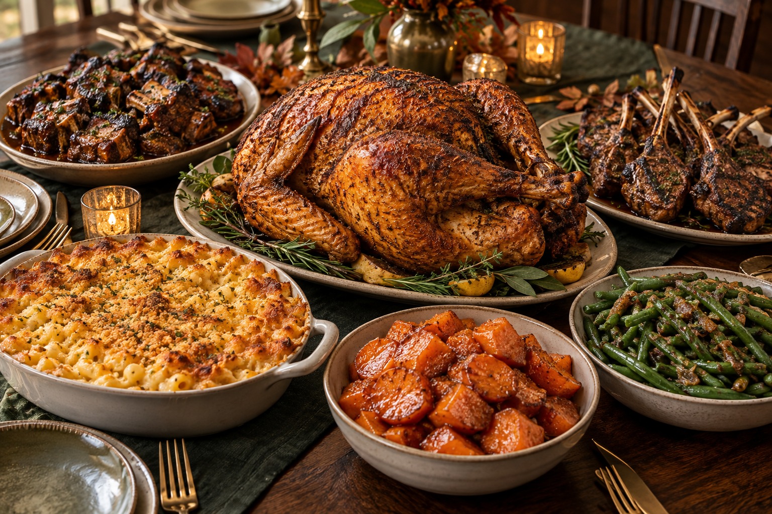 AI menu preview of Cajun turkey, oxtail, lamb chops, macaroni and cheese, candied yams and green beans